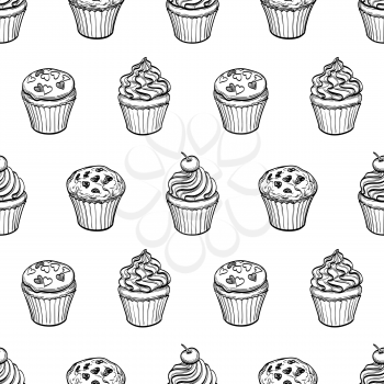 Seamless pattern with muffins and cupcakes. Hand drawn vector illustration.
