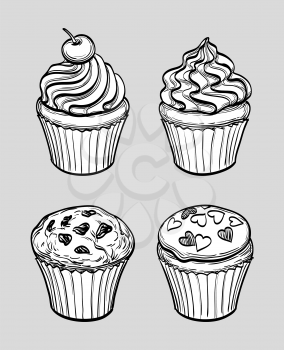 Set of muffins and cupcakes. Sketch. Pastry sweets collection. Hand drawn vector illustration.