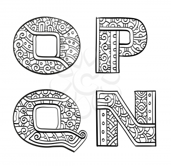 Vintage set of initial letters. Hand drawn vector illustration. Four letters of the ethnic patterned alphabet. O, P, Q, N. Isolated on white background.