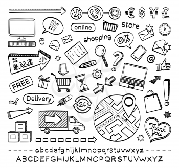Hand drawn sketch icons isolated on white background.. E-commerce.  Online shopping.