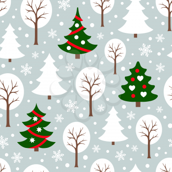 Seamless pattern with winter forest and christmas trees. New year and Xmas Holidays background.