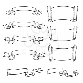 Sketch set of ribbons and scrolls. Hand drawn vector illustration. Isolated on white background.