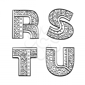 Vintage set of initial letters. Hand drawn vector illustration. Four letters of the ethnic patterned alphabet. R, S, T, U. Isolated on white background.