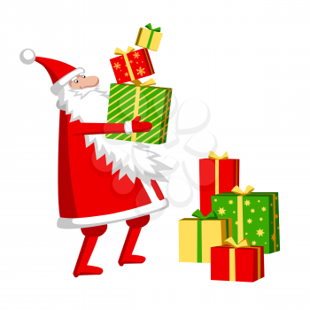 Santa Claus with gift boxes. Vector illustration of character isolated on white background.