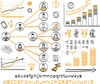 Business doodle set. Vector hand drawn sketch icons in black and orange colors. Business team. Hand drawn letters of alphabet and numbers. Isolated on white background.