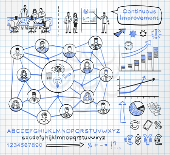 Business doodle set on paper background. Vector sketch icons in black and blue colors. Brainstorming. Team work. Connecting people. Hand drawn letters of alphabet and numbers. 