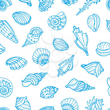 Seamless pattern with doodle seashells. Hand drawn vector illustration.