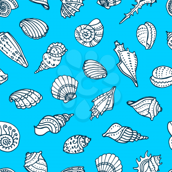 Seamless pattern with doodle seashells. Hand drawn vector illustration.