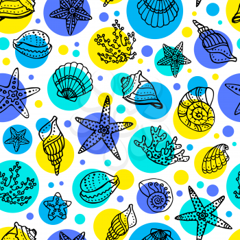 Seamless pattern with doodle seashells, corals and starfishes. Hand drawn vector illustration.