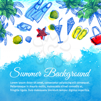 Sea watercolor background. Summer vacation. Hand drawn vector illustration.