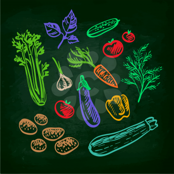 Set of vegetables. Hand drawn sketch on chalkboard.Vector illustration
