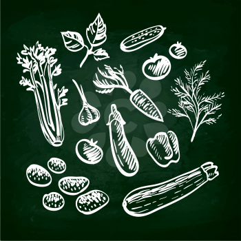 Set of vegetables. Hand drawn sketch on chalkboard.Vector illustration