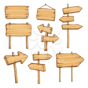 Sketch set of wooden signposts and signboards. Hand drawn vector illustration. Isolated on white background.