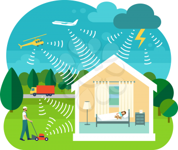 Flat style vector illustration of soundproofing house. Lawnmower, truck, helicopter, airplane and thunderstorms make noise. Girl sleeps in silence inside house.