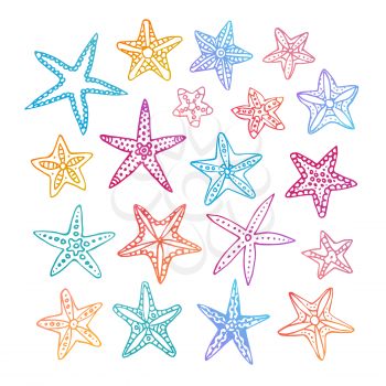 Doodle set of starfishes. Isolated on white background. Hand drawn vector illustration.