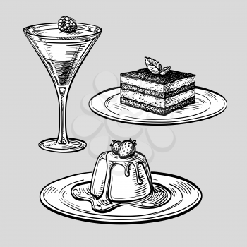 Set of desserts. Tiramisu, panna cotta and pudding. Isolated on white background. Hand drawn vector illustration. Retro style.