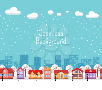 Seamless background. Winter town. Flat style vector illustration of Christmas cityscape. New year and Xmas Holidays design.