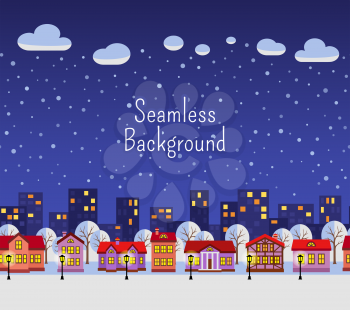 Seamless background. Winter night. Flat style vector illustration of Christmas city. New year and Xmas Holidays design. 