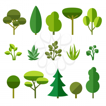 Set of trees, grass and bushes isolated on white background. Flat style vector illustration.