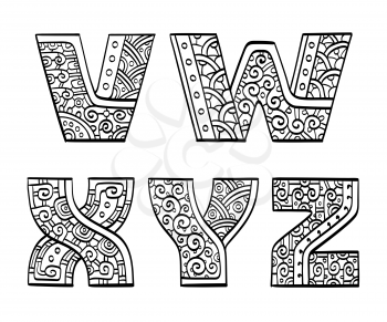 Vintage set of initial letters. Hand drawn vector illustration. Five letters of the ethnic patterned alphabet. V, W, X, Y, Z. Isolated on white background.