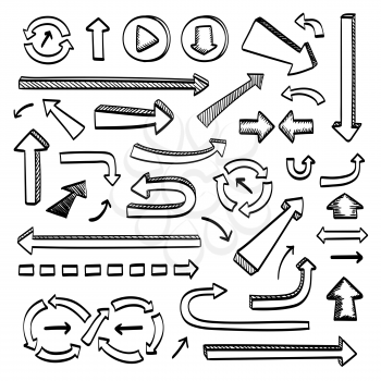 Arrows doodle set. Hand drawn sketch icons. Vector illustration. Isolated on white background.