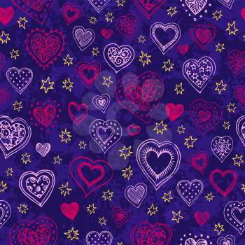 Seamless pattern with hand drawn red and pink hearts, and yellow stars on deep purple grunge background. Valentine's day vector pattern.