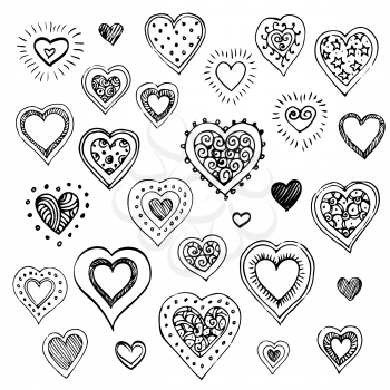 Hand drawn sketch set. Hearts isolated on white background.