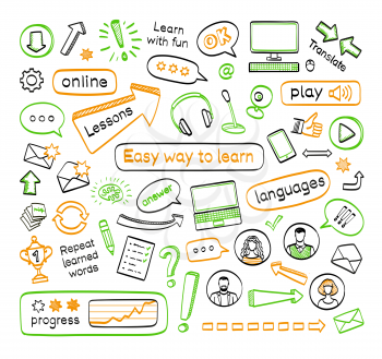 Doodle set of online lessons. Vector hand drawn sketch icons in black, green and orange colors. Isolated on white background.