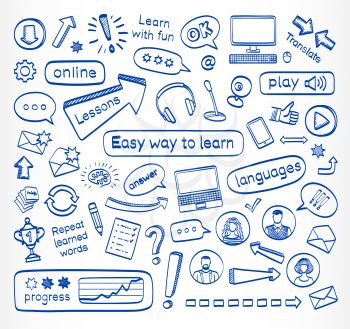 Doodle set of online lessons. Vector hand drawn sketch icons.