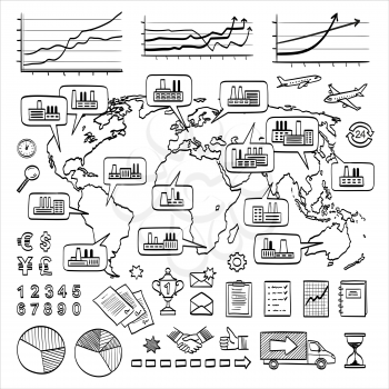 Global business doodle concept. Vector hand drawn sketch icons. Many factories around the world. Isolated on white background.