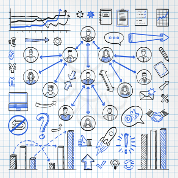 Sketch doodle set of icons in black and blue colors. Business concept. Infographics.