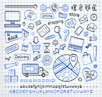 Hand drawn sketch icons. E-commerce. Online shopping.