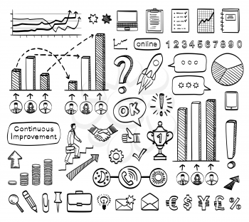 Business doodle set. Vector hand drawn sketch icons. Isolated on white background. Infographics.