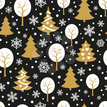 Seamless pattern with snowflakes and Christmas trees on black background. New year and Xmas Holidays background.