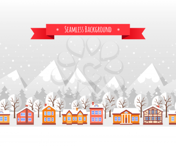 Greeting card template. Winter seamless background. Flat style vector illustration of Christmas town. New year and Xmas Holidays design. 