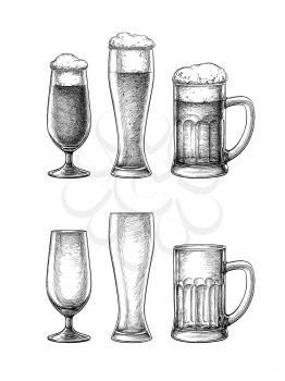 Beer glasses and mug isolated on white background. Hand drawn vector illustration. Retro style.