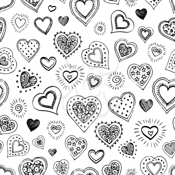 Seamless pattern with hand drawn black hearts and suns on white background. Vector illustration.