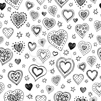 Seamless pattern with hand drawn black hearts and stars on white background.
