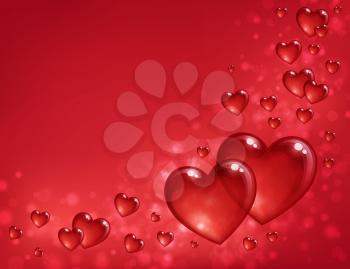 Valentine s day greeting card template. Red background with hearts. Vector illustration.