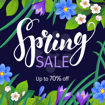 Spring sale banner. Calligraphic Lettering on floral background. Vector illustration.