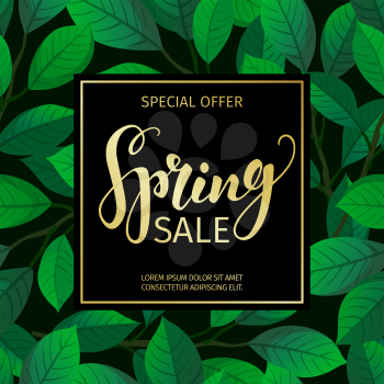 Spring sale banner template. Calligraphic Lettering on floral background. Vector illustration