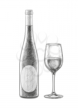 Wine bottles and glass skatch isolated on white background. Hand drawn vector illustration. Retro style.