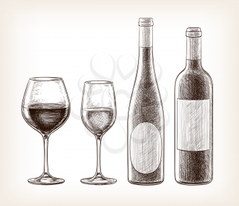 Wine bottles and glasses Isolated on white background. Hand drawn vector illustration. Retro style.