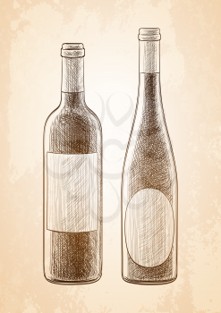 Wine bottles skatch on old paper background. Hand drawn vector illustration. Retro style.