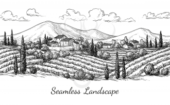 Vineyard seamless landscape. Vine sketch isolated on white. Hand drawn vector illustration.