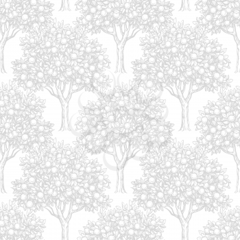 White seamless pattern with orange trees. Hand drawn vector illustration. Retro style.