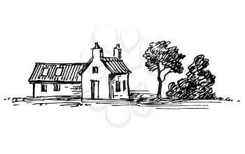 Ink sketch of old house and trees. Old stone house. Ink sketch. Isolated on white background. Vintage style.