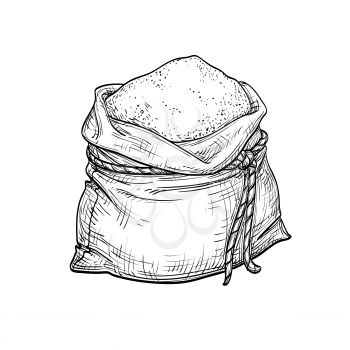 Sack of flour. Hand drawn vector illustration. Isolated on white background. Vintage style.