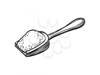 Wooden scoop with flour. Hand drawn vector illustration. Isolated on white background. Retro style.