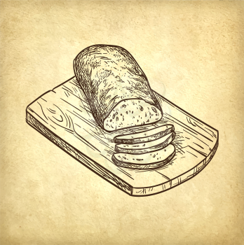 Hand drawn vector illustration of ciabatta bread. Old paper background. Retro style.